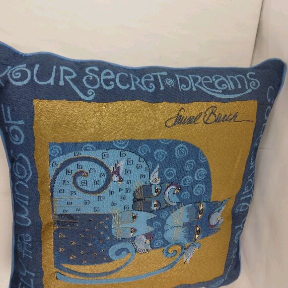 Laurel Burch Blue Indigo Cats Tapestry Throw Pillow Metallic Gold Accents 17" - Picture 8 of 13